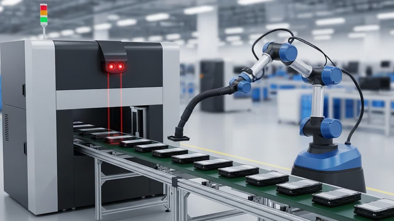 Automated Manufacturing Process: A Robotic Arm Integrates Efficiently with a High-Tech Machine on a Production Line for Enhanced Quality Control in Electronics Assembly.