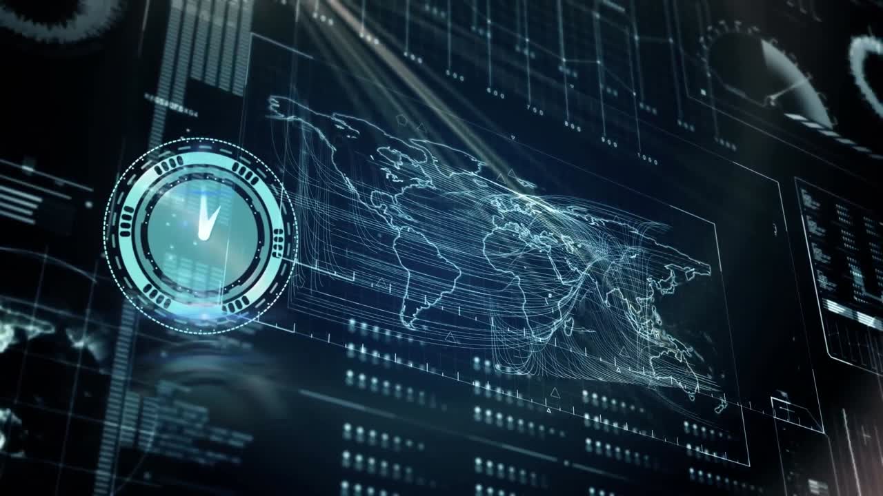 Animation of clock moving and data processing on blue background