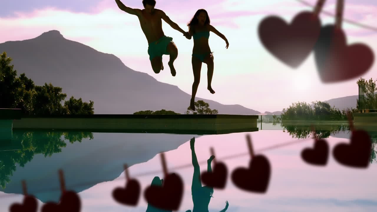 행복한 커플이 호수에 뛰어들고 발렌타인 데이를 위해 심장을