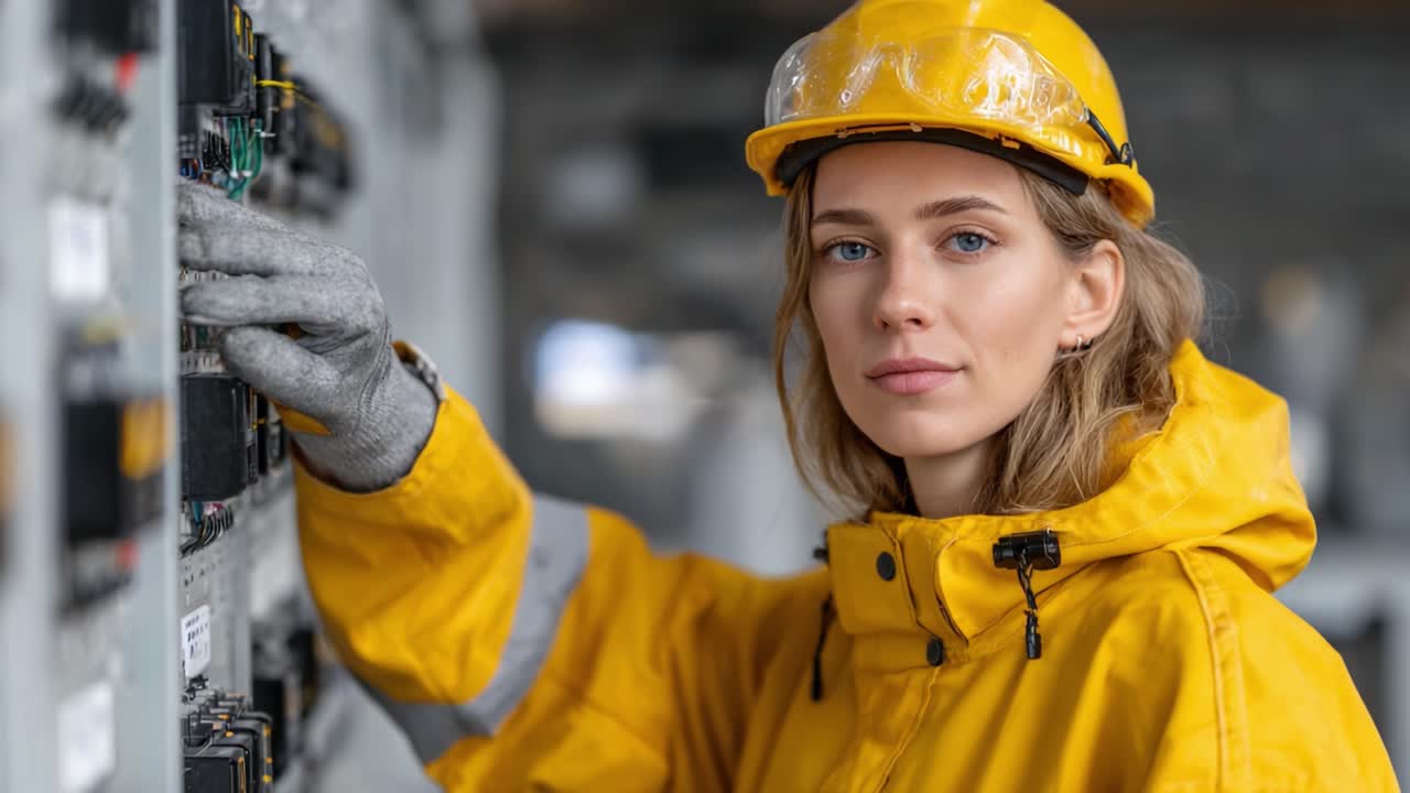 Donna con giubbotto e cappello di sicurezza gialli che lavora in un ambiente industriale, concentrata su un pannello elettrico con atteggiamento professionale e attenzione scrupolosa