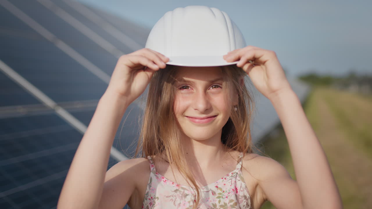 niña con casco frente a los paneles solares