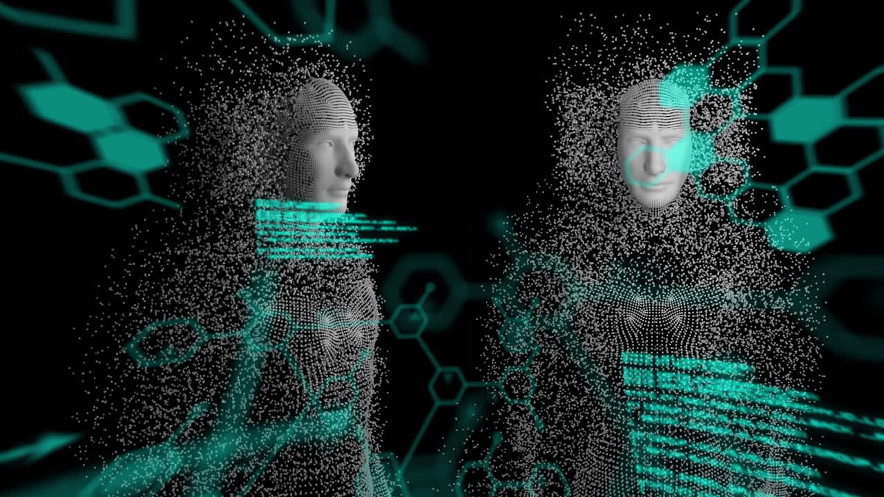 Animation of human model and scientific data processing on black background