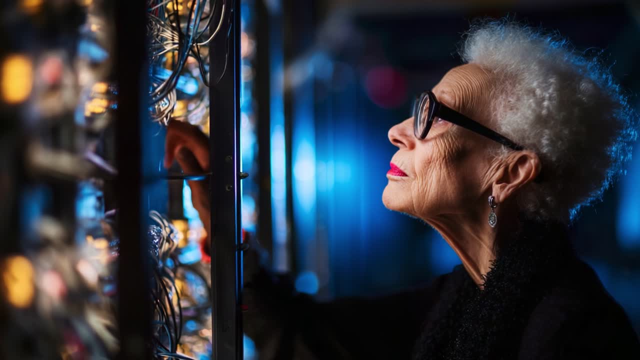 A thoughtful older woman examines intricate connections in a beautifully illuminated environment, showcasing her curiosity and engagement with the surrounding technology and design