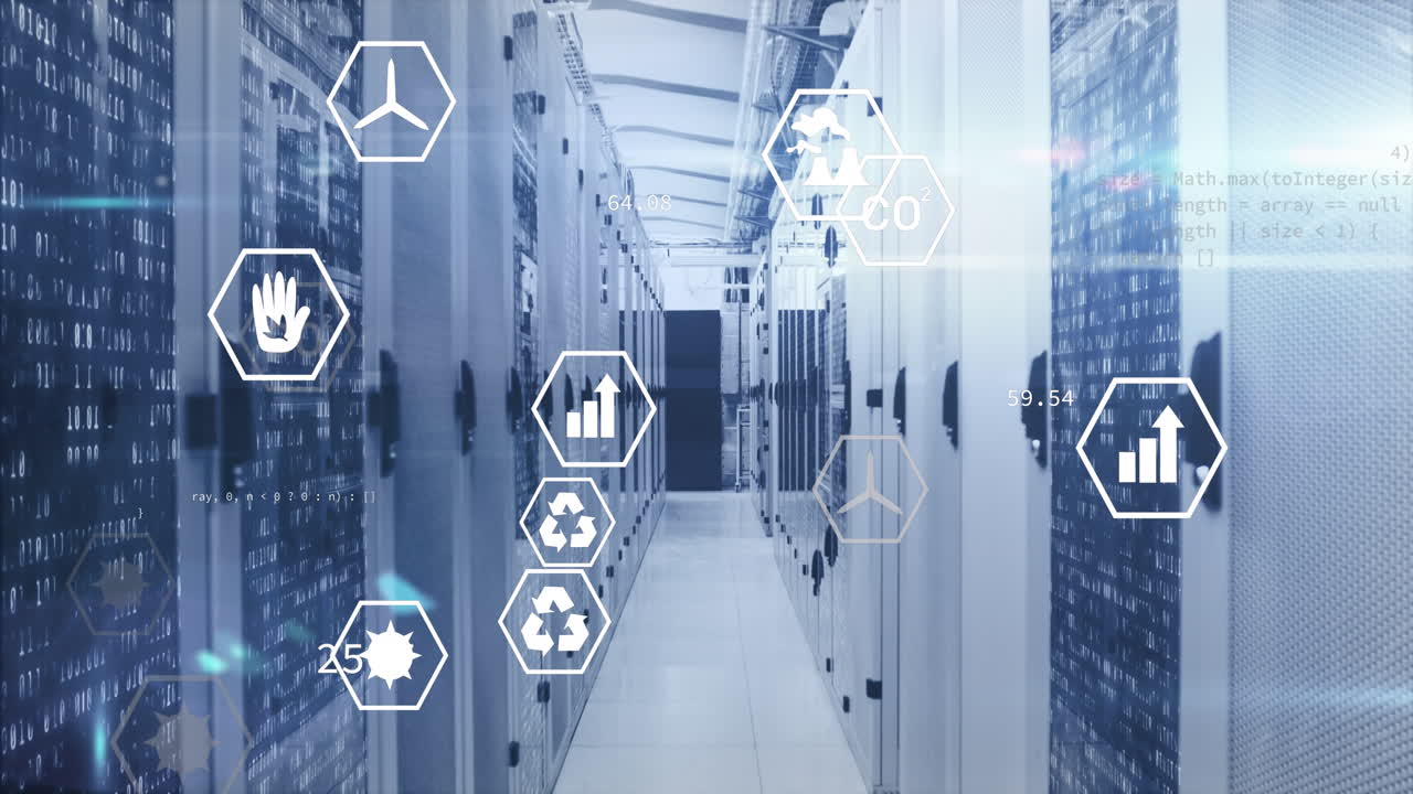 animación de múltiples iconos digitales y puntos de luz contra la sala del servidor de la computadora