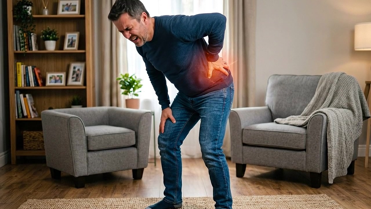 Man bending forward while clutching painful side inside living room in realistic medical scene