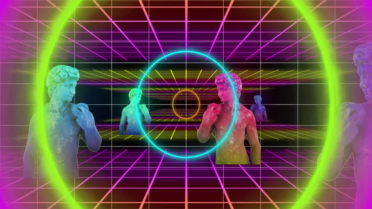 animazione di sculture con interferenza su forme al neon su sfondo nero.