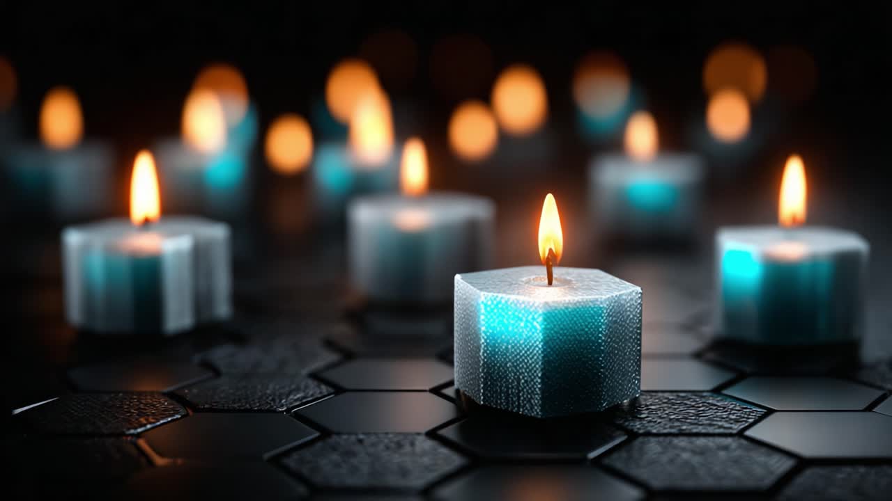 Un'atmosfera serena creata da candele esagonali luminose che illuminano uno sfondo scuro, evocando tranquillità e calore in un ambiente enigmatico