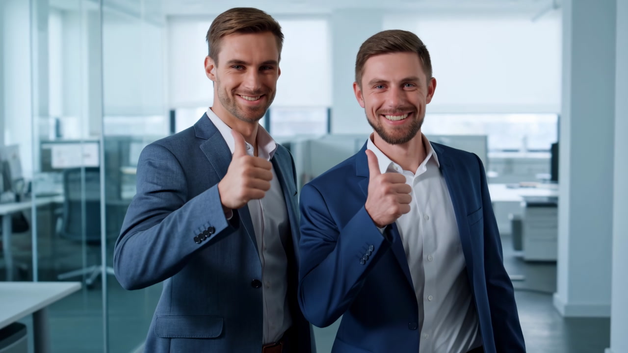 Two Smiling Businessmen Modern Office Thumbs Up, Friendly Colleagues Celebrate Successful Deal Closure