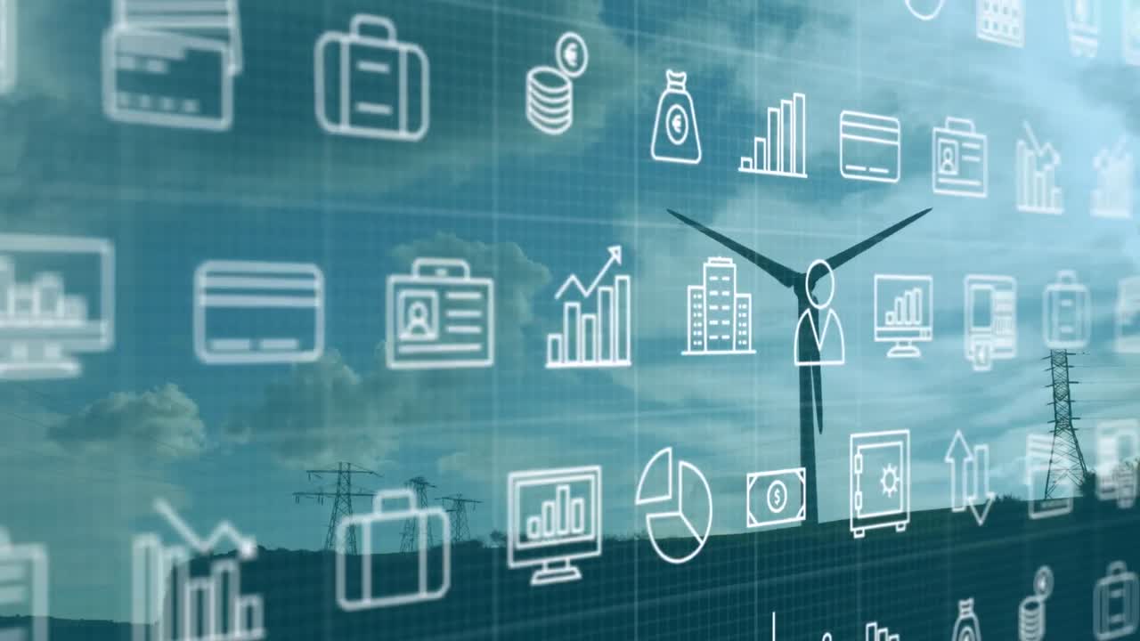 Animation of falling icons over windmill