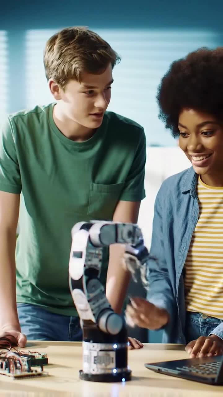 Diverse Students Collaborating on a Robotics Project in a STEM Class