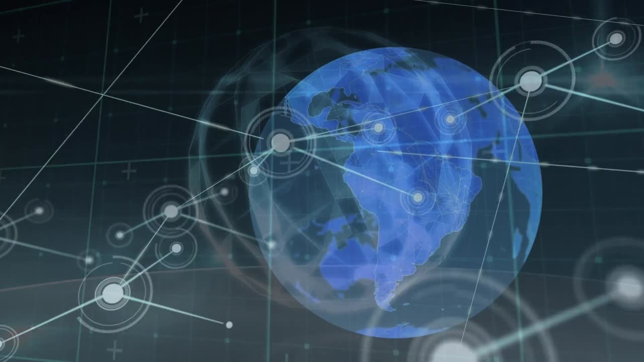 Animation of network of connections over black background with globe