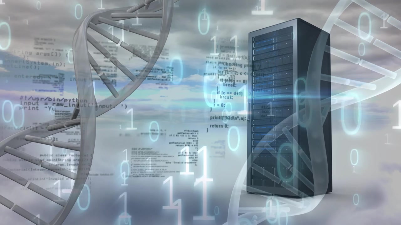 Server Rack with DNA Helix and Digital Data Overlay