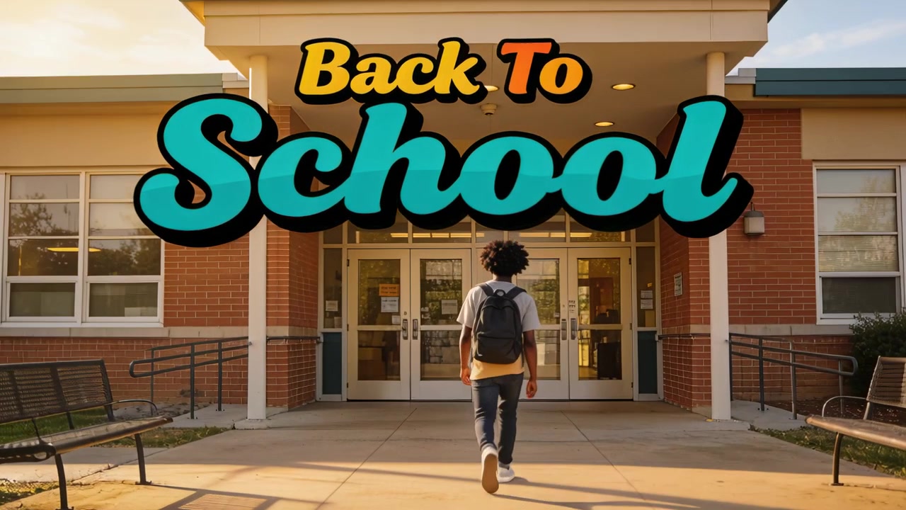 Back-To-School graphic appearing walking student wearing yellow tee with backpack to school entry
