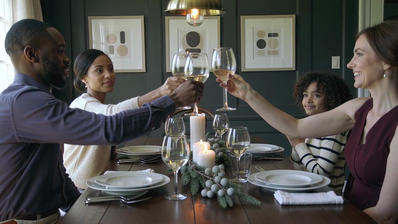 Left man starting toast, family clinking glasses around candlelit table, in blue shirt