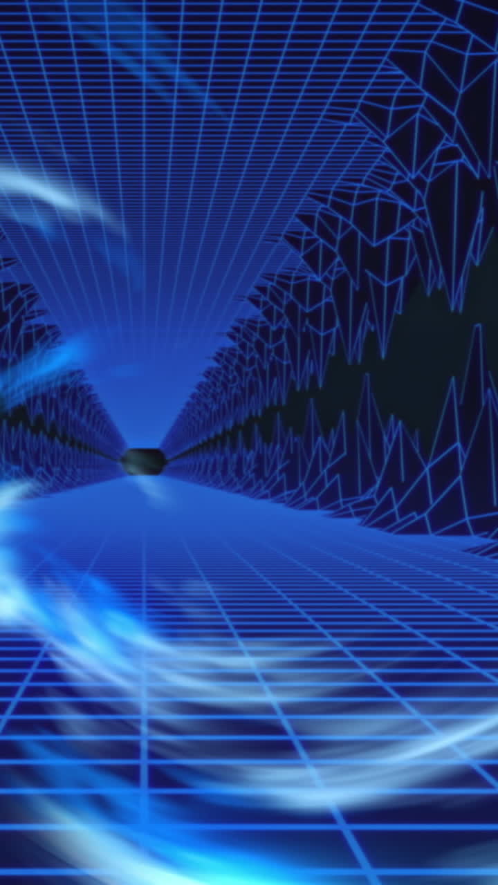 animación de un túnel hecho de luces azules que se mueven sobre el paisaje del metaverso azul y negro