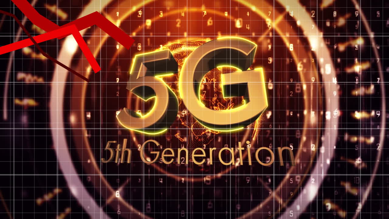 Animation of 5G text with downward red arrow over digital world map