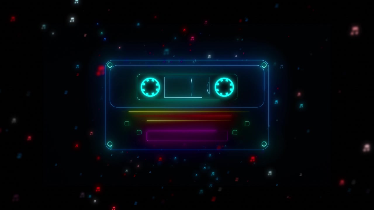 Sfondo musicale con cassetta al neon, contorno del nastro luminoso, particelle di note colorate e stile retrò scuro.