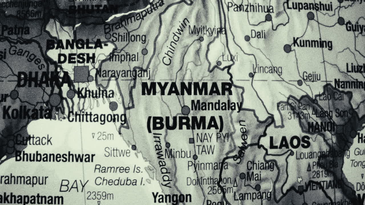 Close-up of a map showing Myanmar (Burma) and surrounding countries