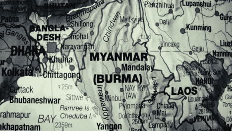 close-up of a map showing myanmar (burma) and surrounding countries