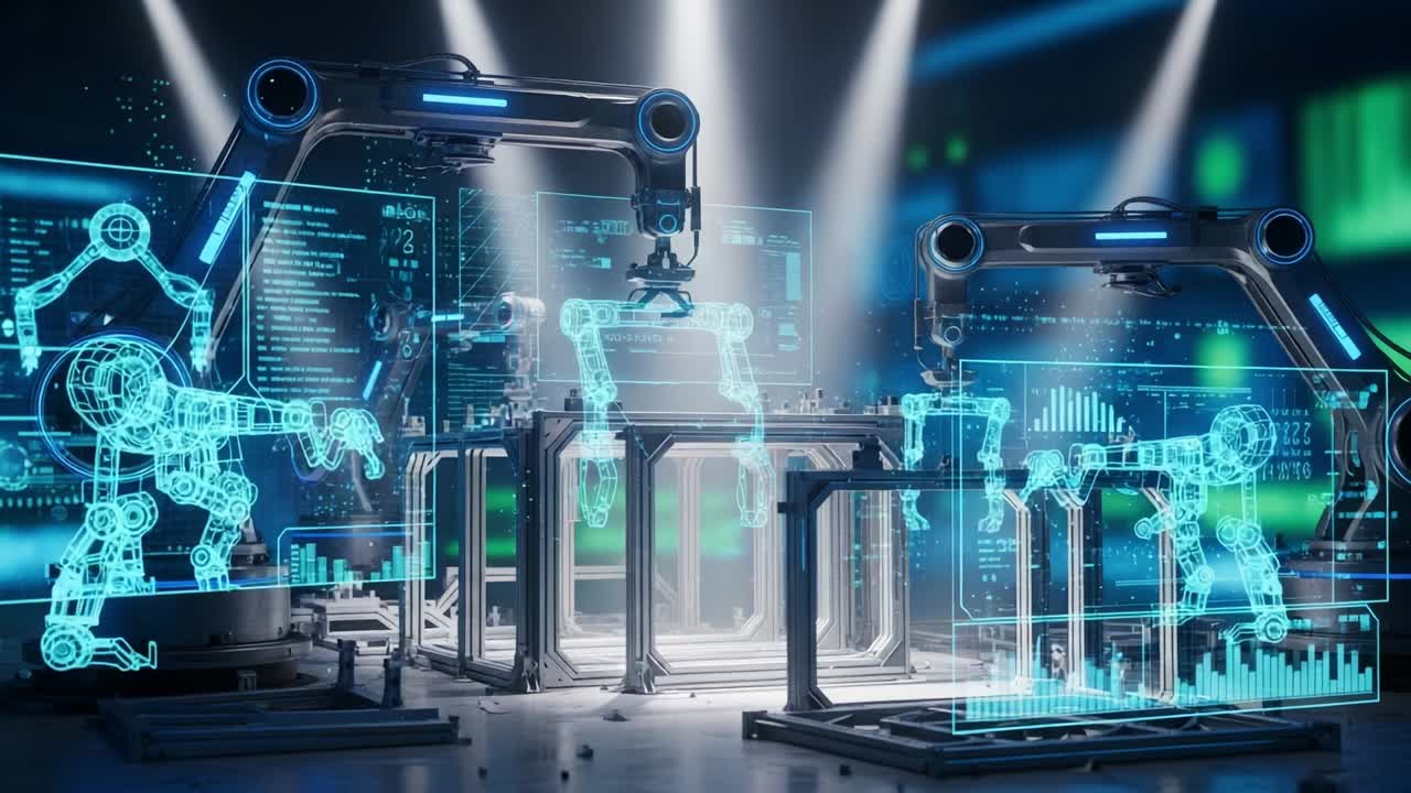 Futuristic Robotic Manufacturing Environment Showcasing High-Tech Automation with Advanced Data Visualization, Robots, and Integrated Technology in a Modern Industrial Setting
