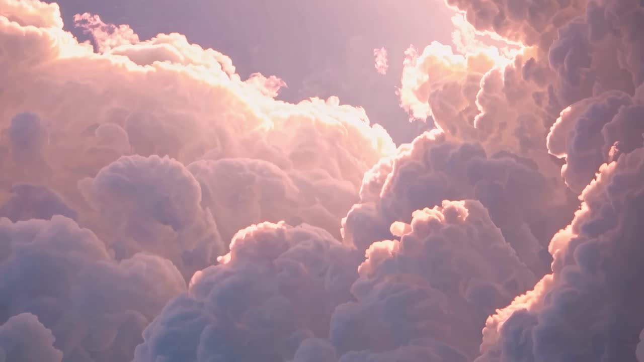 A mesmerizing video of fluffy clouds at sunset, captured from a low angle, highlighting their golden