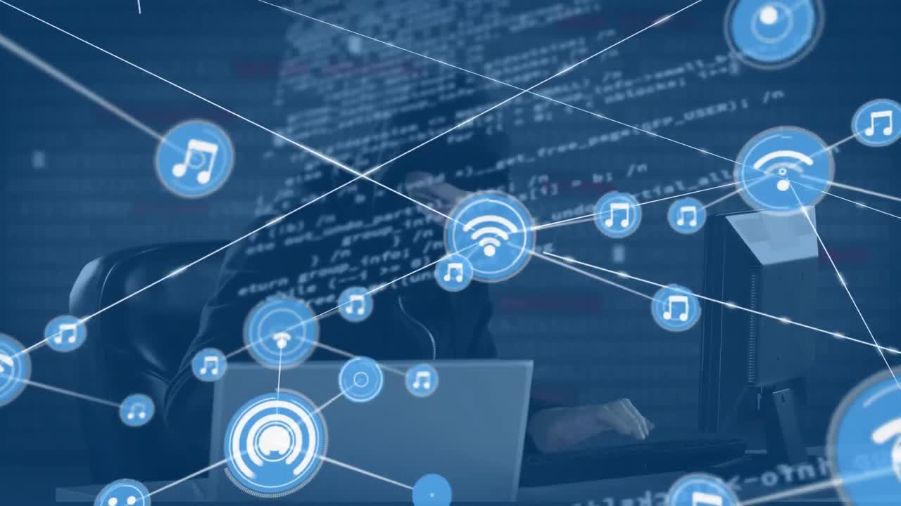 Animation of connected wifi and music icons, coding, caucasian computer hacker using computer