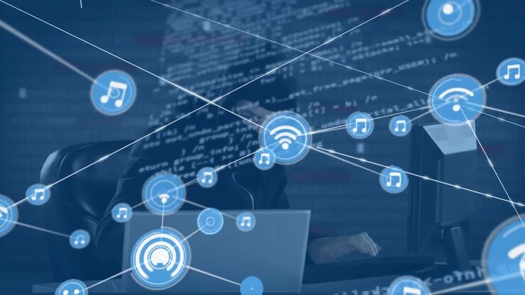 Animation of connected wifi and music icons, coding, caucasian computer hacker using computer