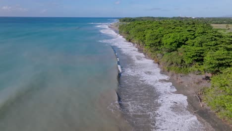 aerial flyover shoreline of caribbean sea with reaching waves on rural forest coast and rio nizao in background