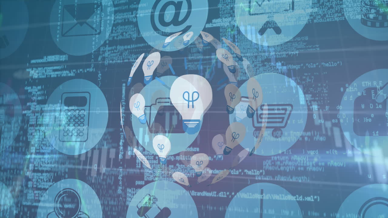 전구 아이콘의 디지털 글로브가 파란색의 기술 기호들 사이에서 회전합니다.