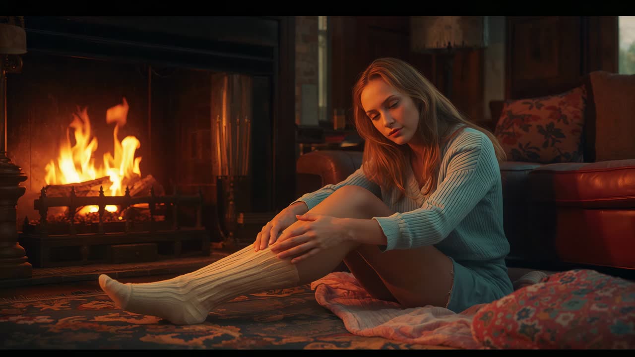 Settling on rug, woman pulling and smoothing knee-high cable socks in sweater by fireplace relaxing