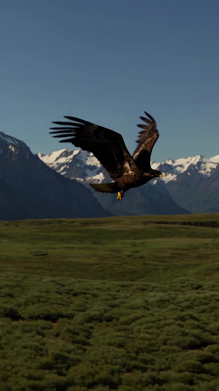 Aquila di mare di Steller in volo su un paesaggio montuoso