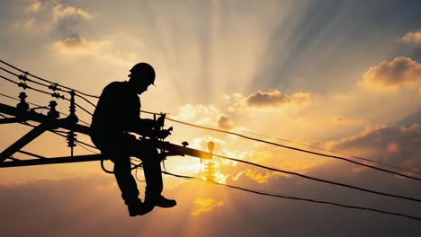 silhouette of an electrician working on power lines at sunset