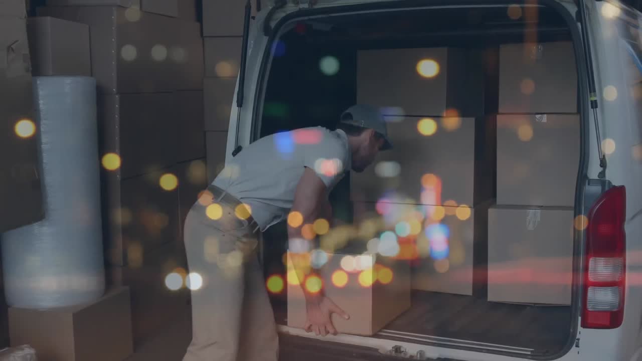 Animation af trafiklys over mand, der læsser papkasser ind i en varevogn