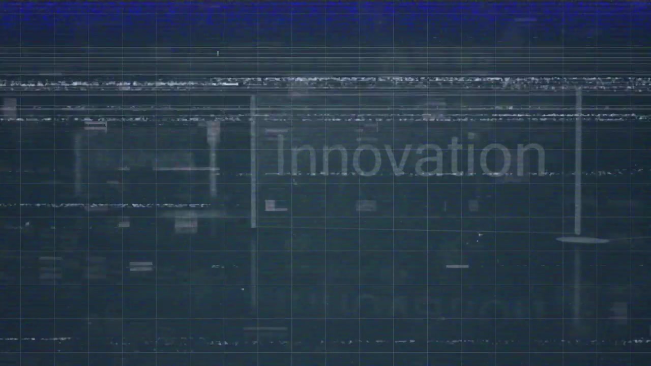 Animation of vhs glitch effect over network of multiple business concept texts on blue background