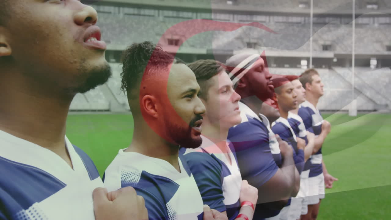 Rugby team standing together on field with colorful overlay animation