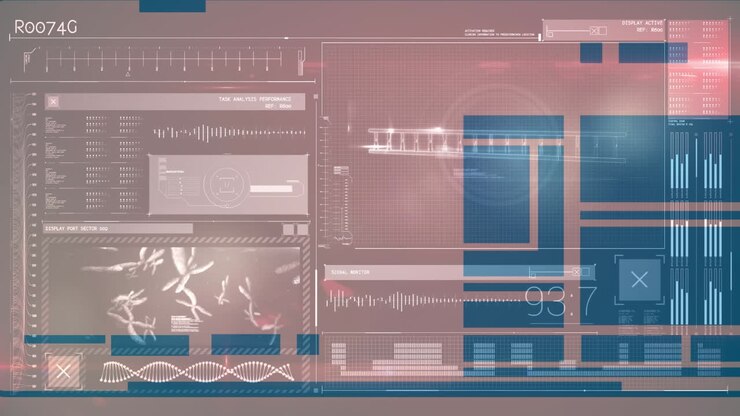 Animation of digital screens with dna strand on black background
