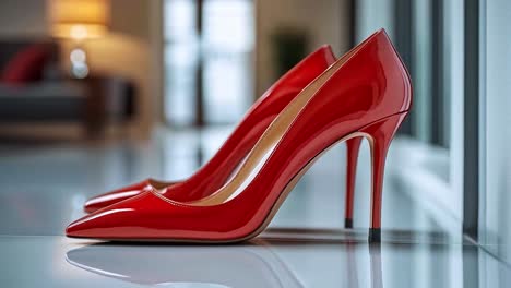 a pair of glossy red high heels