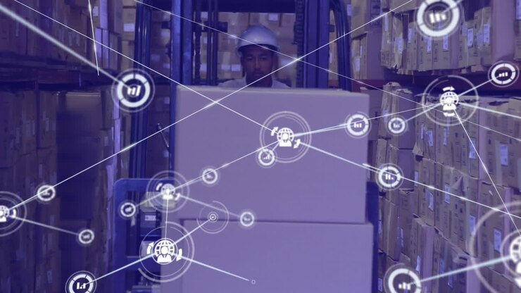 Animation of network of connections with icons over man working in warehouse