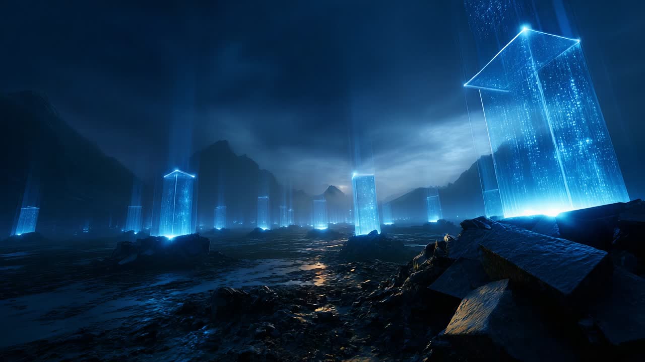 In a captivating digital landscape, glowing blue pillars rise majestically against a dark sky, illuminated by a mysterious light that reflects off the rocky terrain, creating a surreal and otherworldly atmosphere