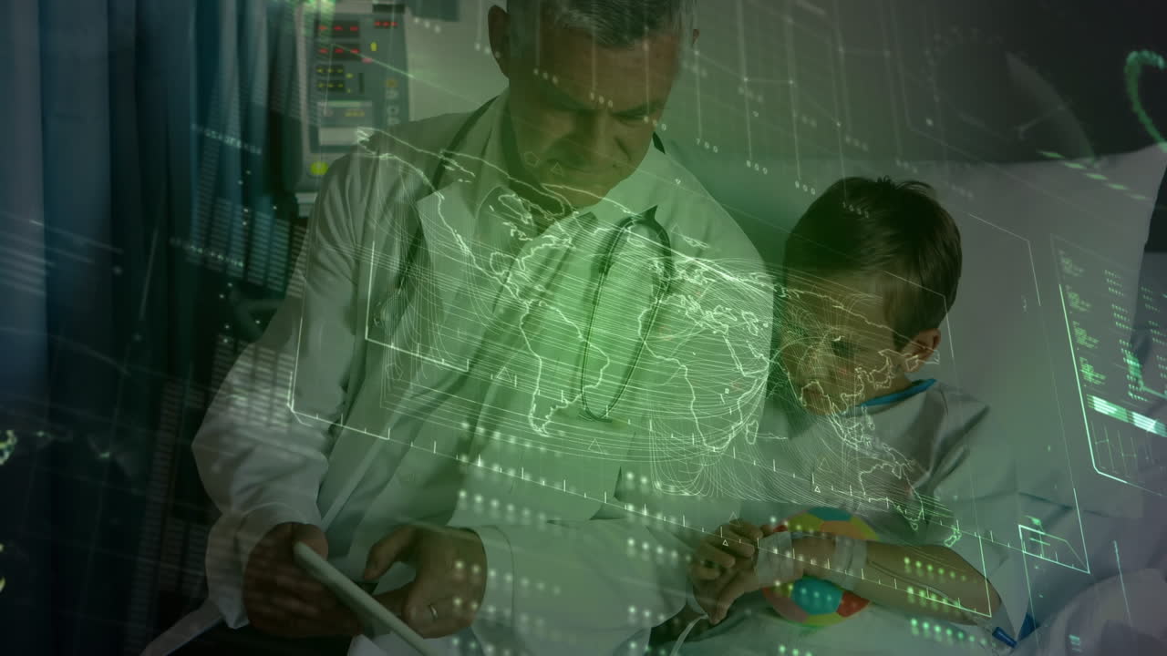 procesamiento de datos sobre un médico caucásico que muestra una tableta digital a un niño caucásico en el hospital