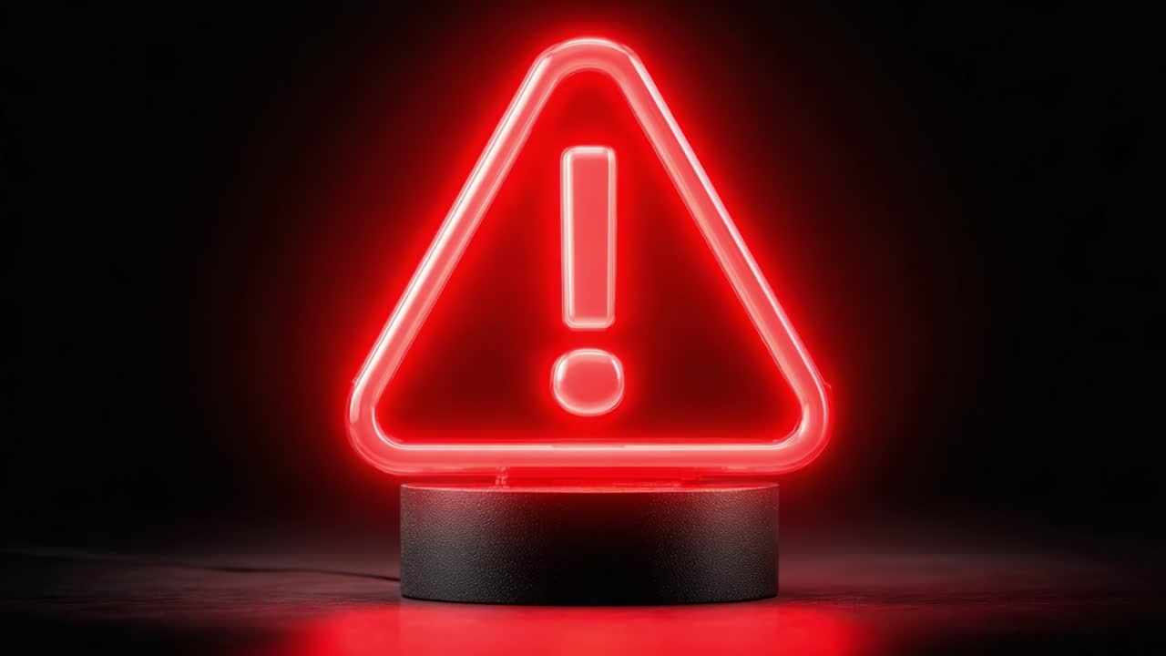 A striking red neon warning sign displayed in a triangular shape, capturing attention with a bold exclamation mark indicating caution and urgency in a dark environment