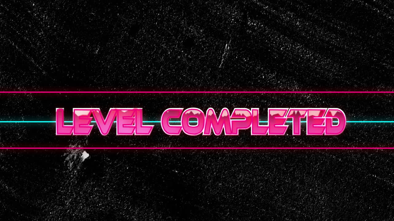 Animation of bold pink letters on textured black background reading Level Completed