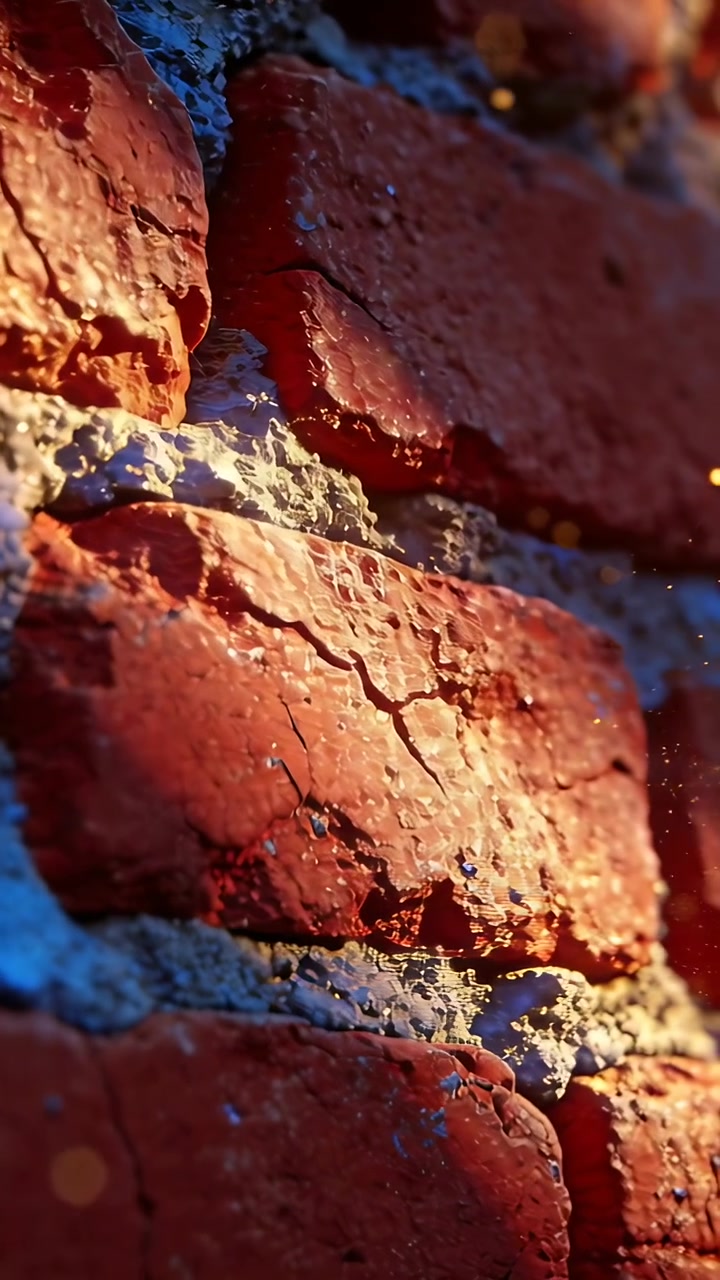 Video verticale: Telecamera che si sposta rivelando la texture di mattoni rossi invecchiati in primo piano, con pulviscolo