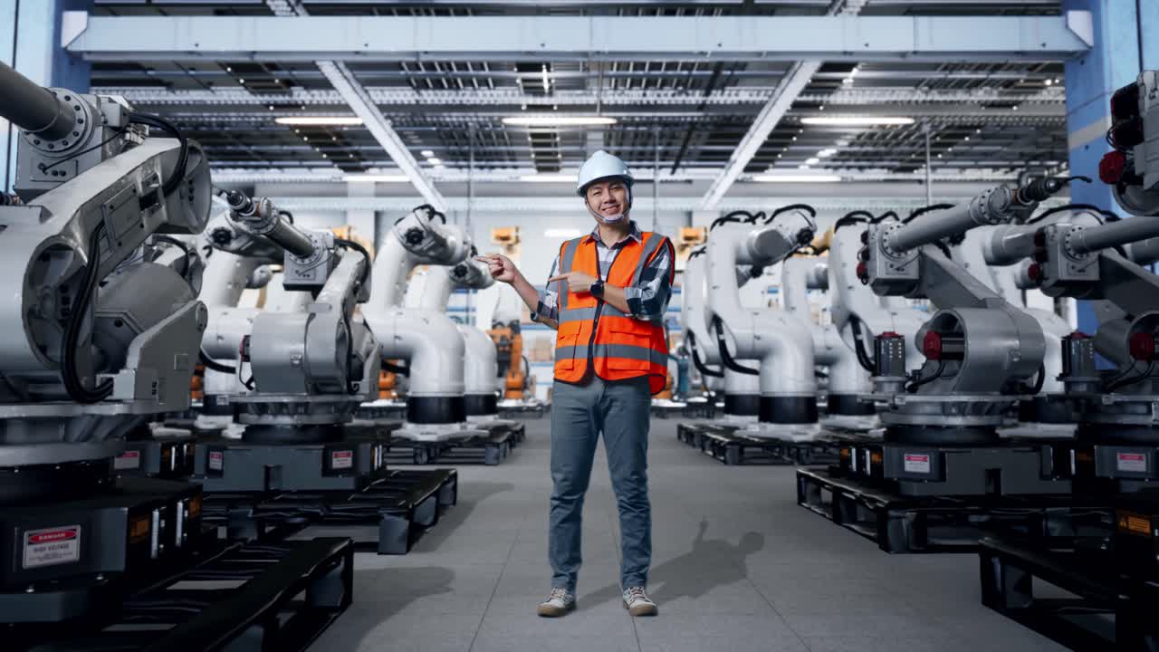 Factory Worker Demonstrating Robot Arm