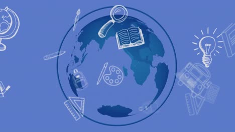 animation of school icons floating over blue globe and blue background