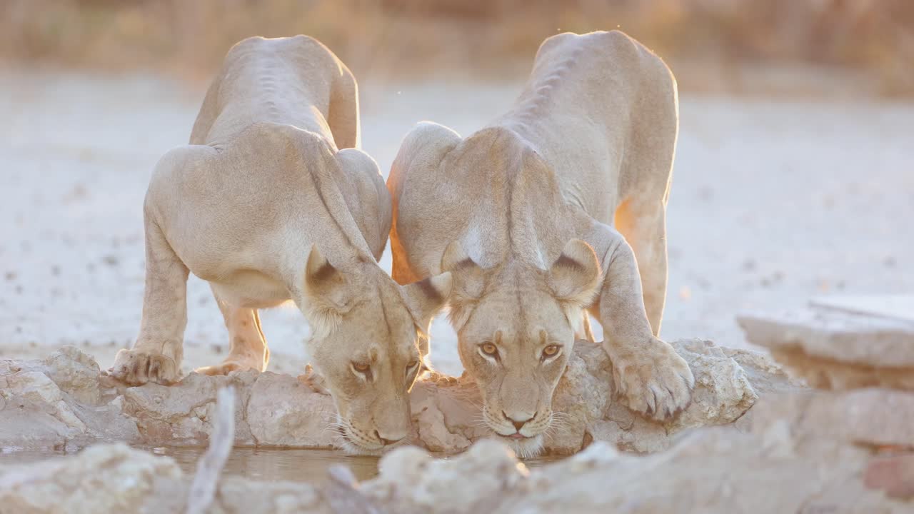 Medium shot of two lioness drinking next to each other at a waterhole in beautiful golden light, Kgalagadi Transfrontier Park