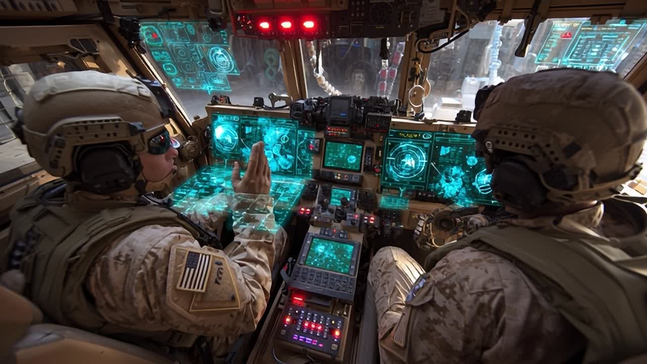 Il personale militare utilizza tecnologie avanzate negli abitacoli dei veicoli