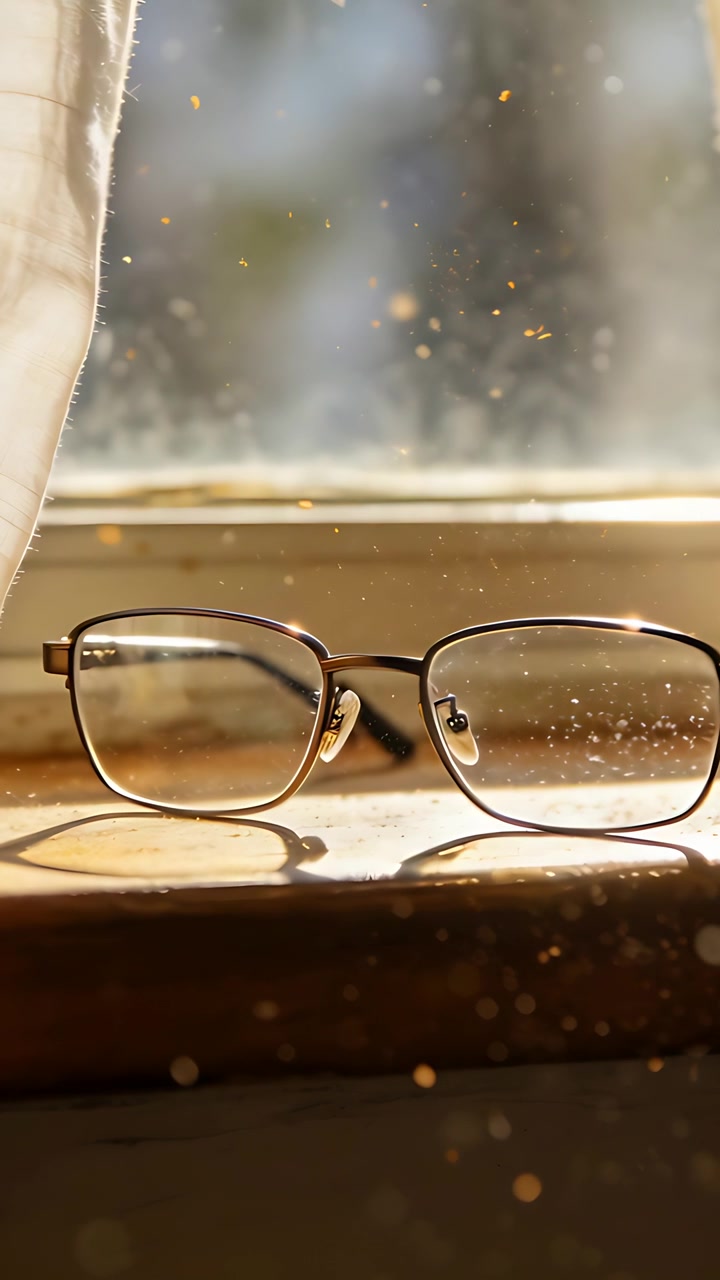 Vertical video: Glinting metal glasses catching sunlight on wood sill, sending drifting dust motes