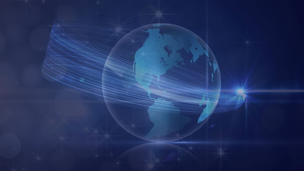 파란색 배경에 회전하는 지구 위에 움직이는 빛의 반점과 빛의 흔적의 애니메이션