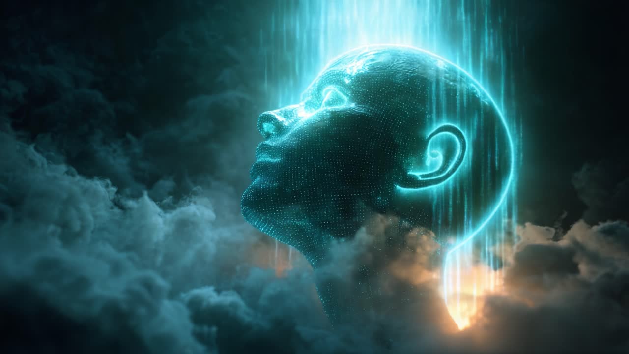 A stunning visualization of a digital human head emerging from a cloud of data and fog, representing the fusion of technology and consciousness in a vivid, futuristic realm